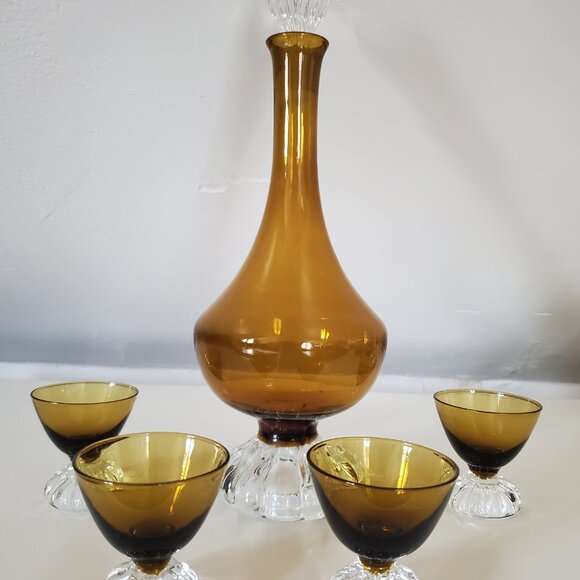 MCM Amber Glass Liqueur Decanter Set - Picture 3 of 4